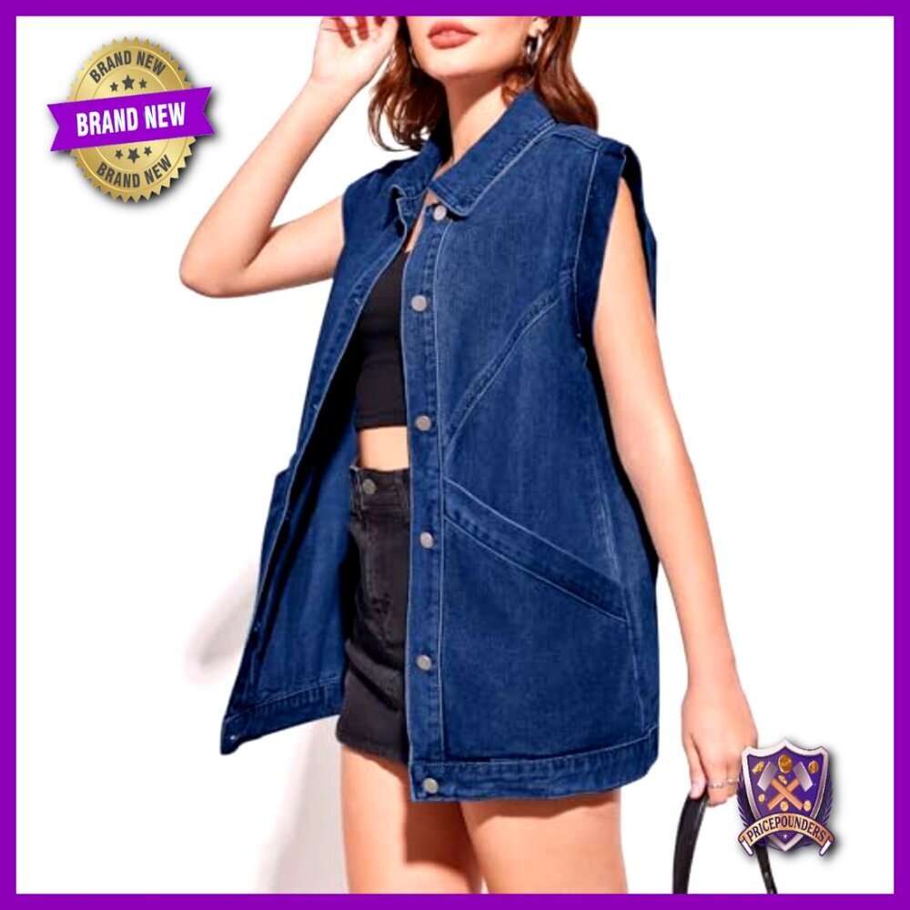 Oversized Denim Vest Sleeveless Button Down Utility Lapel Casual Vintage - Picture 2 of 7